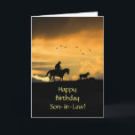 Carte Fils en droit Anniversaire Cowboy Pays Ouest<br><div class="desc">Carte d'anniversaire Son en droit avec un thème de pays occidental.  Un cow-boy au coucher du soleil sur son cheval arrondit la dernière direction de la nuit.</div>