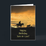 Carte Fils en droit Anniversaire Cowboy Pays Ouest<br><div class="desc">Carte d'anniversaire Son en droit avec un thème de pays occidental.  Un cow-boy au coucher du soleil sur son cheval arrondit la dernière direction de la nuit.</div>