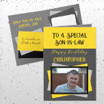 Carte Fils en droit photo nom gris jaune anniversaire<br><div class="desc">À un gendre spécial. Joyeux anniversaire. Ajoutez un nom et une photo. Gris,  jaune et noir.</div>