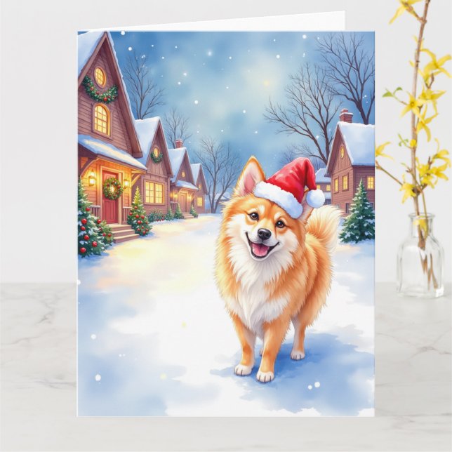 Carte Finnish Lapphund Snowy Village Santa Hat Christmas (Fleur jaune)