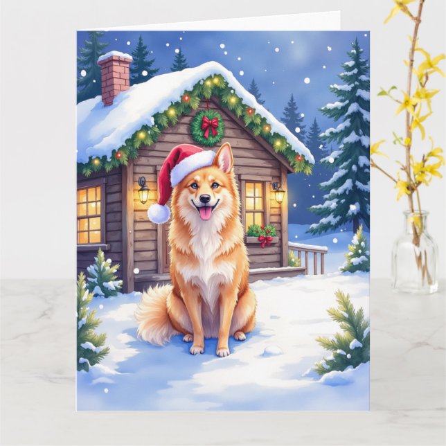 Carte Finnish Spitz Snowy Cabin Santa Hat Christmas Art (Fleur jaune)
