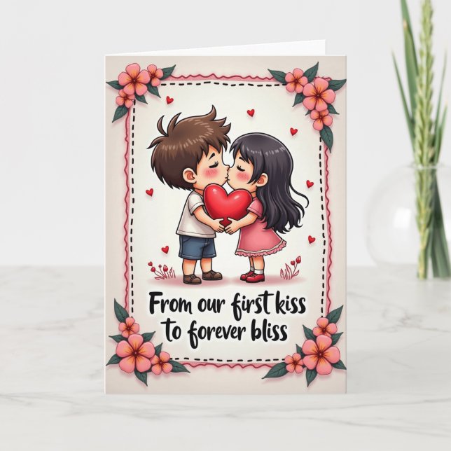 Carte First Kiss Cute Couple Card (Devant)