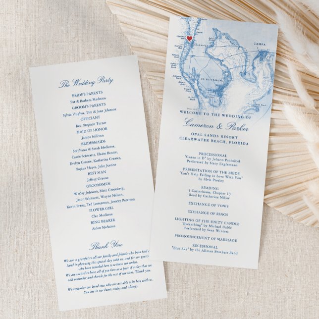 Carte FL de Clearwater Beach Elégant Mariage bleu  (Clearwater Beach FL Wedding Program in Elegant Navy Blue from Coastal Map Designs)