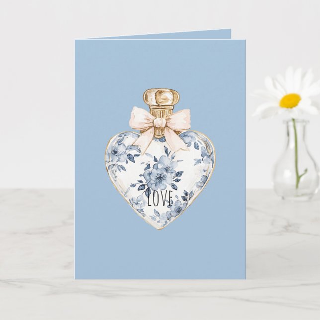 Carte Flacon de parfum coeur floral bleu blanc Amour  (Petite plante)
