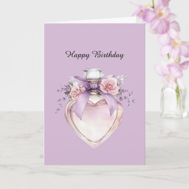 Carte Flacon de parfum violet noeud fleurs roses Anniver (Orchidée)