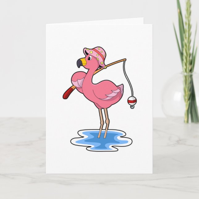 Carte Flamant rose à la pêche avec une canne à pêche (Devant)