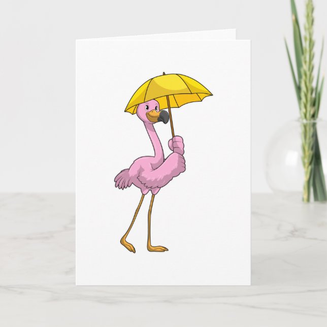 Carte Flamant rose à la pluie avec parapluie (Devant)