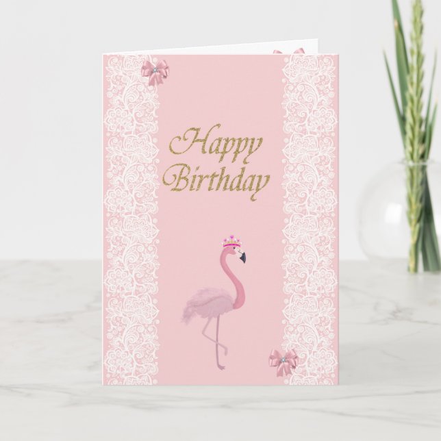Carte Flamant Rose Adorable,Ciara,Dentelle,Ruban (Devant)
