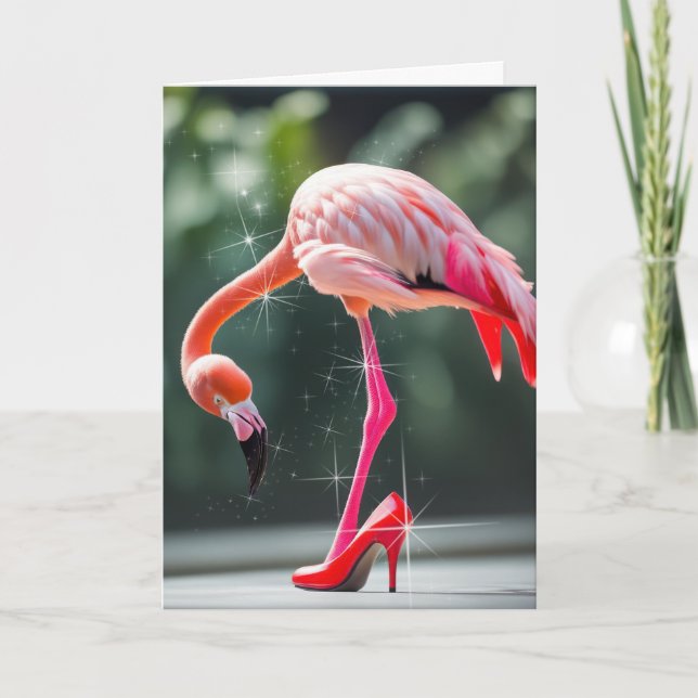 Carte Flamant rose Avec Chaussure Rouge Haut Talon (Devant)