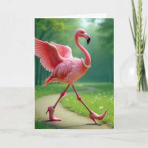 Carte Flamant rose d'anniversaire portant talons et perl