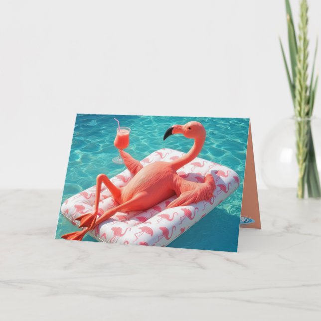 Carte Flamant rose D'Anniversaire Relaxant Sur Un Matela (Devant)