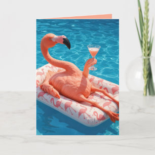Carte Flamant rose D'Anniversaire Relaxant Sur Un Matela