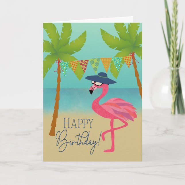 Carte Flamant rose d'anniversaire sur la plage (Devant)