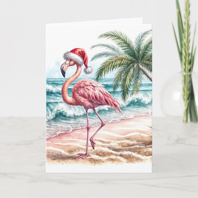 Carte Flamant rose de Noël avec Casquette Père Noël (Devant)