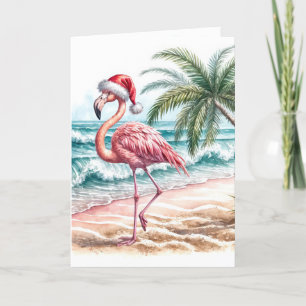 Carte Flamant rose de Noël avec Casquette Père Noël