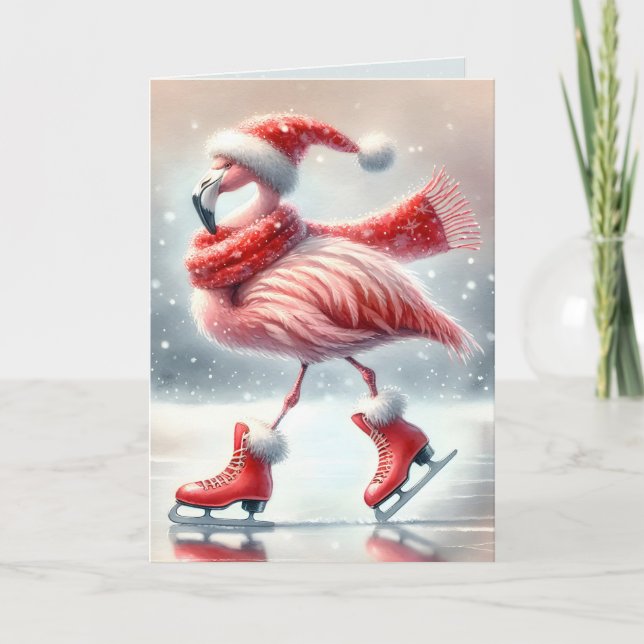 Carte Flamant rose de Noël festif Patinage sur glace (Devant)