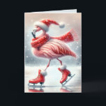 Carte Flamant rose de Noël festif Patinage sur glace<br><div class="desc">Un flamant festif est le patinage sur glace en portant un chapeau de Père Noël rouge,  une écharpe et des patins. Le texte peut être modifié.</div>