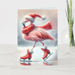 Carte Flamant rose de Noël festif Patinage sur glace