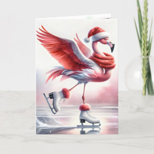 Carte Flamant rose de Noël Patinage sur glace