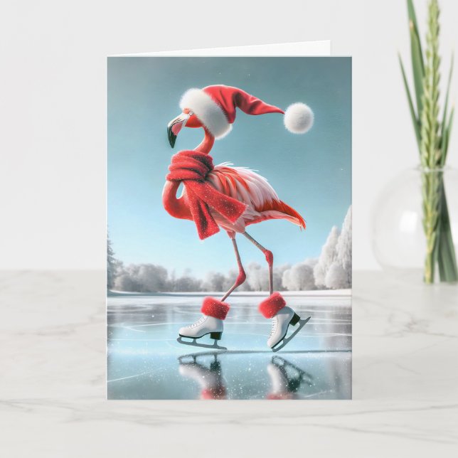 Carte Flamant rose de Noël Patinage sur glace (Devant)