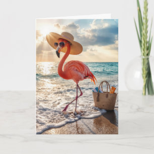 Carte Flamant Rose de Plage avec Lunettes de Soleil pour