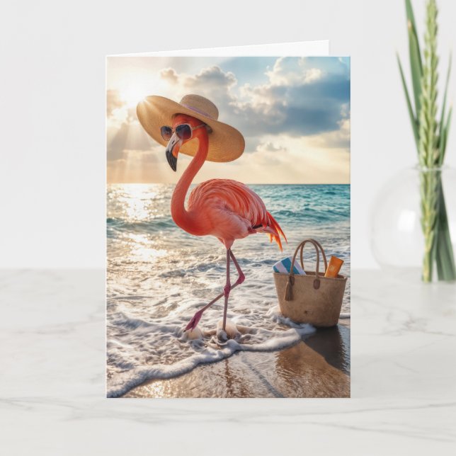Carte Flamant Rose de Plage avec Lunettes de Soleil pour (Devant)