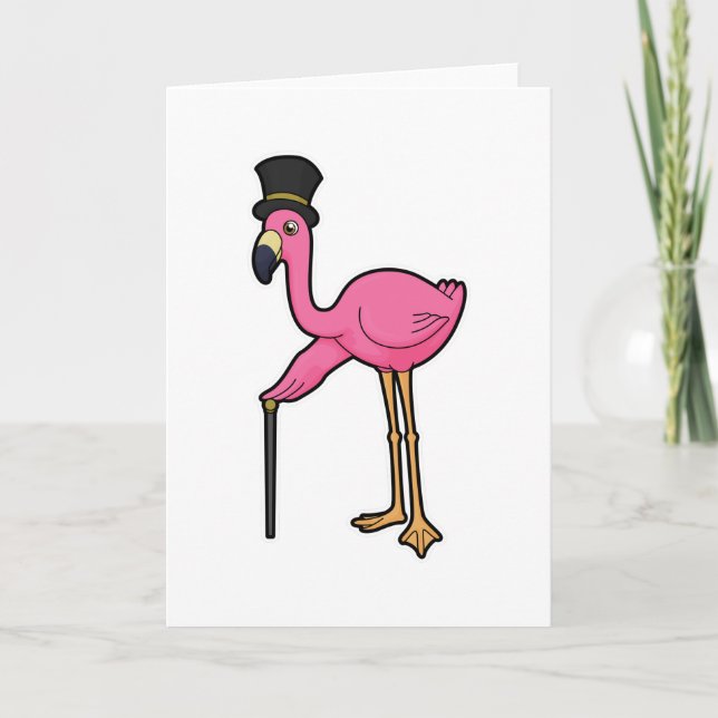 Carte Flamant rose en marié avec chapeau et canne (Devant)