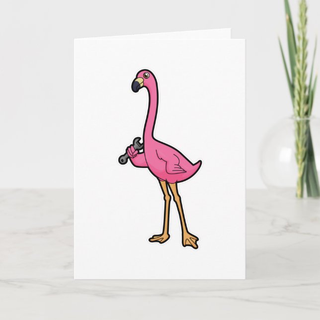 Carte Flamant rose en mécanicien avec clé à écrou (Devant)