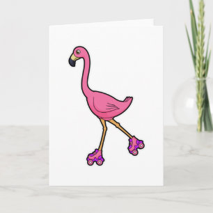Carte Flamant rose en patineur avec des rollers