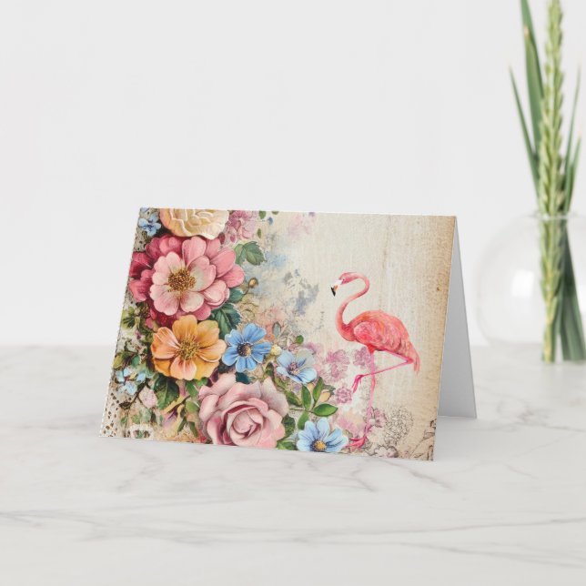 Carte Flamant rose florale Shabby Chic Watercolor (Devant)