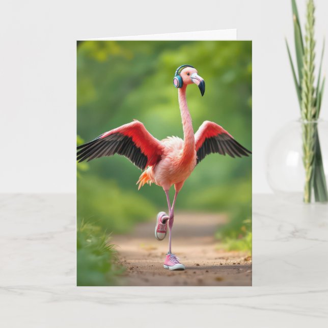Carte Flamant rose Jogging avec Baskets roses et casques (Devant)