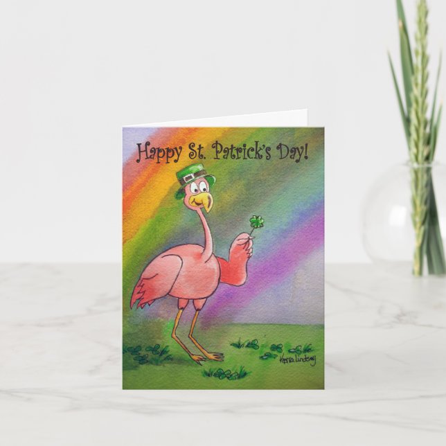 Carte Flamant rose Line Happy St. Patrick's Day Lucky Ir (Devant)