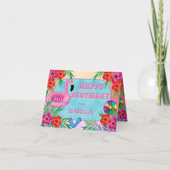 Carte Flamant rose Pool Party Rose Joyeux anniversaire (Devant)
