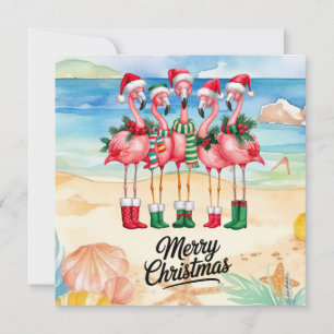 Carte Flamant rose porte un chapeau de Père Noël avec un