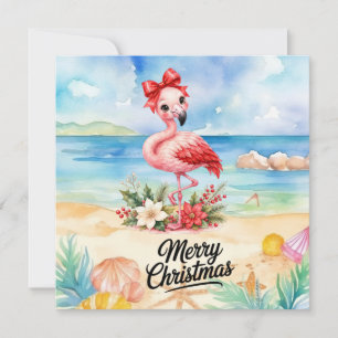 Carte Flamant rose porte un chapeau de Père Noël pour No