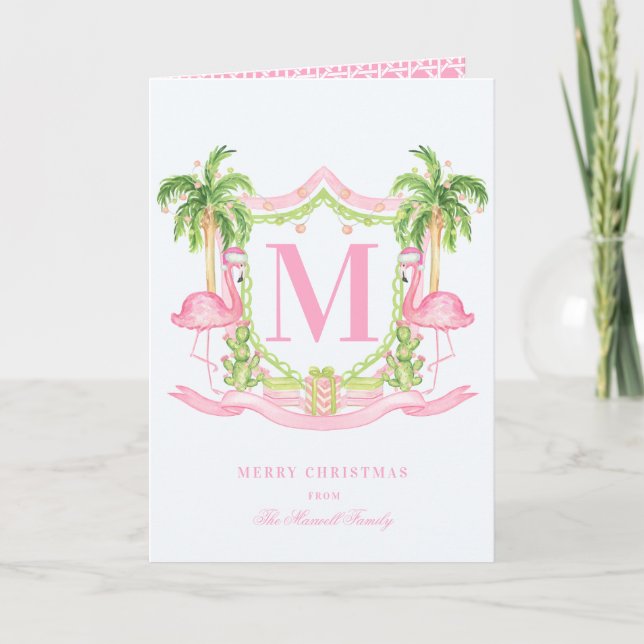 Carte Flamant rose preppy Christmas Crest Photo (Devant)