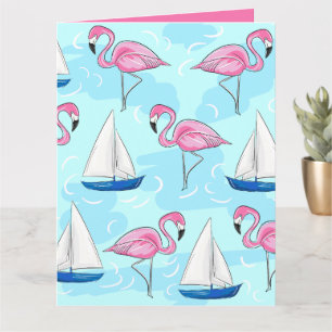 Carte Flamant rose rose Blue Voilier Preppy
