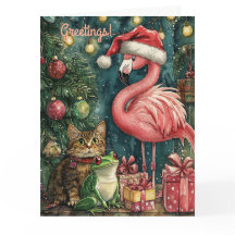 Flamant rose rose Chat & Grenouille Noël tropical