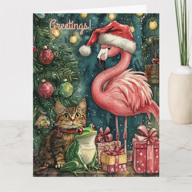 Carte Flamant rose rose Chat & Grenouille Noël tropical (Devant)