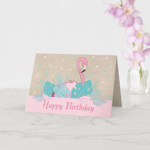 Carte Flamant rose rose élégant et Feuilles tropicaux