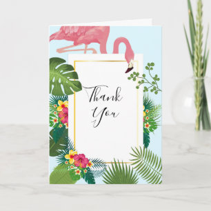 Carte Flamant rose rose élégant et Merci Feuille tropica