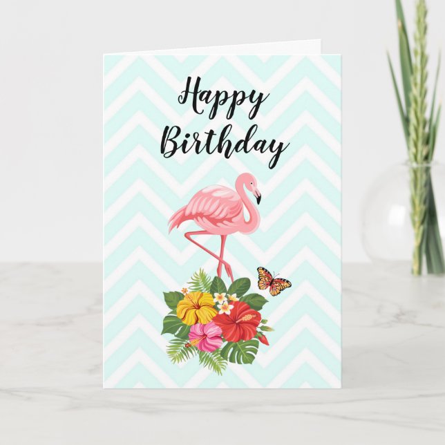 Carte Flamant rose rose et hibiscus tropicaux Anniversai (Devant)