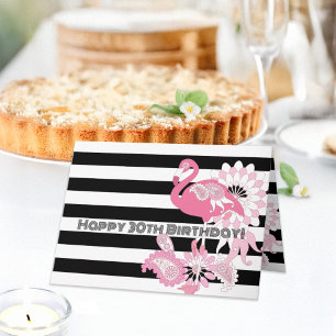 Carte Flamant rose rose rayé noir et blanc Anniversaire