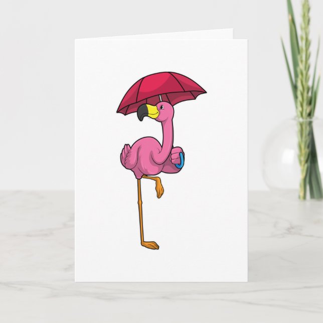 Carte Flamant rose sous la pluie avec un parapluie (Devant)