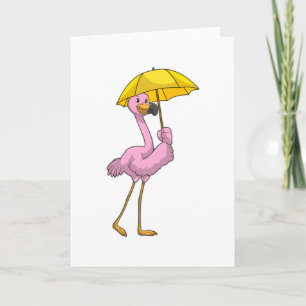Carte Flamant rose sous la pluie avec un parapluie