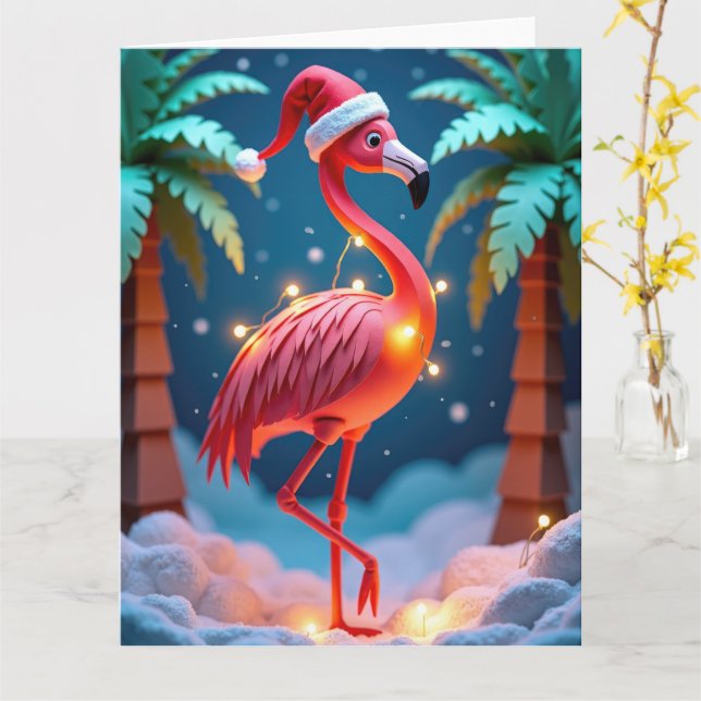 Carte Flamant rose tropical avec lumières à Noël enneigé (Fleur jaune)