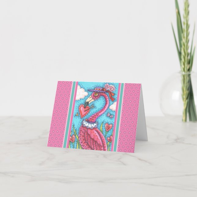 Carte FLAMANT ROSE VALENTINE COEURS, OISEAU D'AMOUR Vier (Devant)