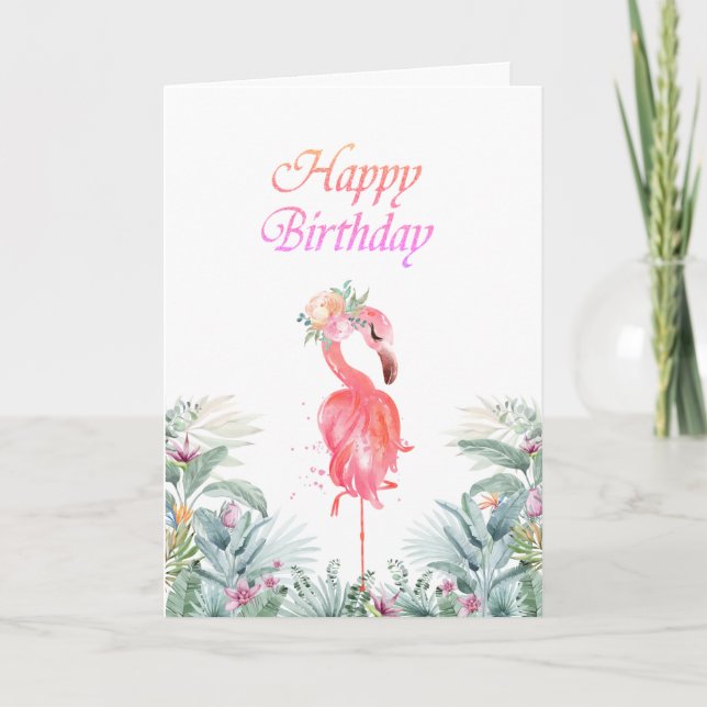 Carte Flamants roses adorables Fleurs tropicales Anniver (Devant)