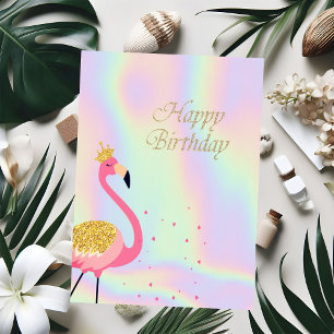 Carte Flamants roses coeurs holographiques Anniversaire