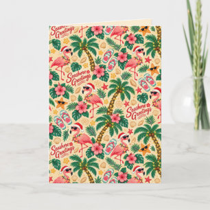 Carte Flamants roses et palmiers de Noël tropicaux